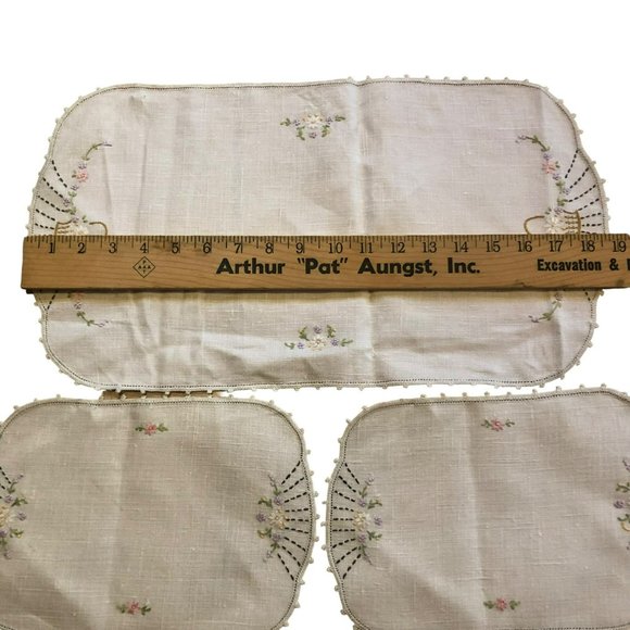 Embroidered Dresser Scarf Set 3 Floral Basket MCM Cottagecore - Picture 5 of 6
